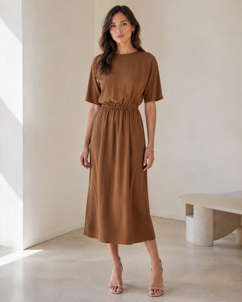 Vince XXS Palo Santo Short Sleeve T Shirt Midi Dress Triacetate Quiet Luxury